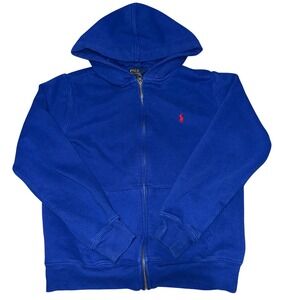 Polo Ralph Lauren Boys Blue Full Zip Hoodie L 14-16 Red Pony Logo‎